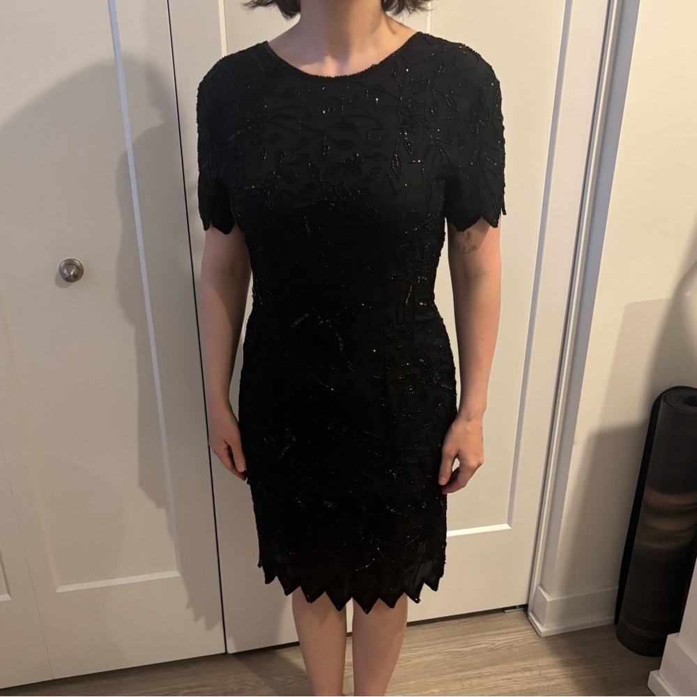 Vintage Stenay Silk Black Floral Beaded Short-Sleeve Dress Size Small